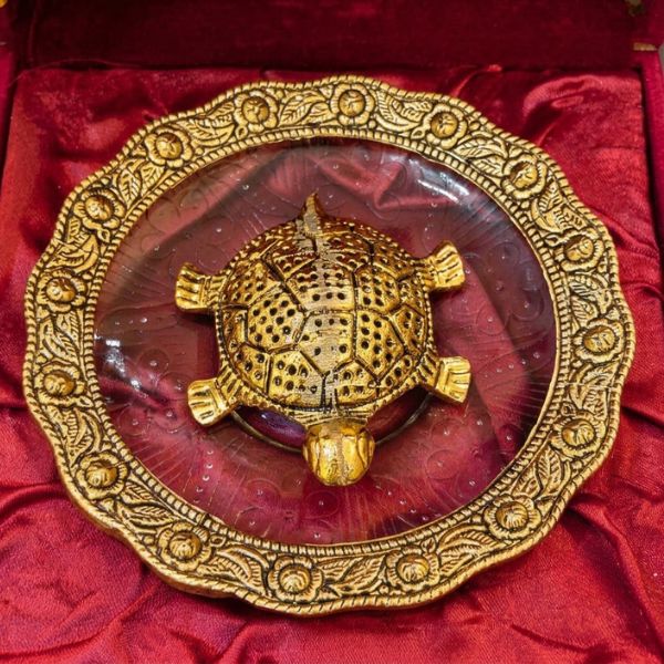 Swastik Decor Golden Tortoise with Glass Plate Wish Fulfilling Feng Shui Golden Turtle Showpiece Vastu Item Kachua for Good Luck (14 x 14 x 3 cm) (Glass & Metal, Golden)