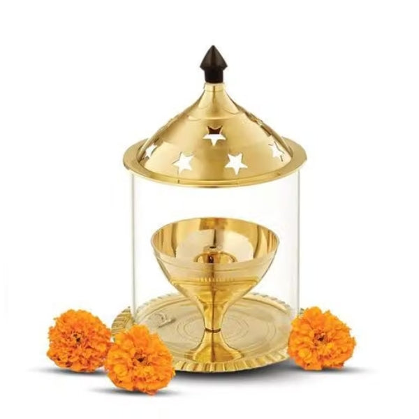 Diya Borosilicate Glass | Brass Table Diya| Oil Lamp| Glass Cover Lantern Diya for Puja