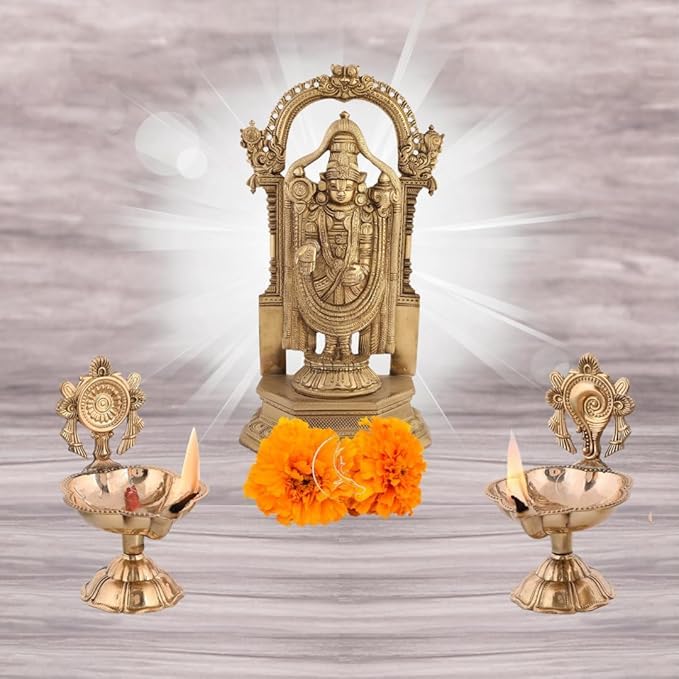 Traditional Brass Shankh Chakra Diya, South Indian Deepak Oil Lamp, Decorative Temple Puja Lamp, Gold Finish