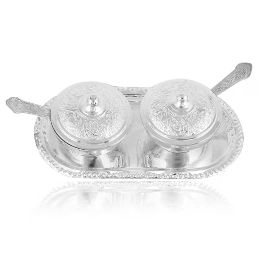 German Silver Plated Bowl Set l Pack of 5 l Return Gift, Diwali Gift with Beautiful Red Velvet Box