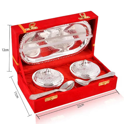 German Silver Plated Bowl Set l Pack of 5 l Return Gift, Diwali Gift with Beautiful Red Velvet Box