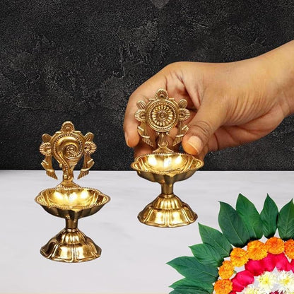 Traditional Brass Shankh Chakra Diya, South Indian Deepak Oil Lamp, Decorative Temple Puja Lamp, Gold Finish