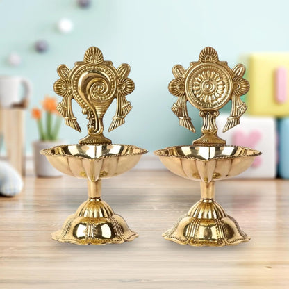 Traditional Brass Shankh Chakra Diya, South Indian Deepak Oil Lamp, Decorative Temple Puja Lamp, Gold Finish