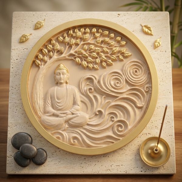 Handicraft Buddha Wall Panel, 3D Wood-Carved, Circular, Handcrafted, Bodhi Tree Design
