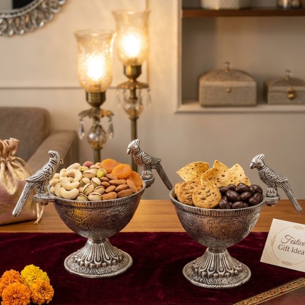 Premium Parrot Handle German Silver Dry Fruit Bowl Set of 2 | Decorative Antique Silver Finish Serving Bowls | Ideal for Dry Fruits, Snacks, Home Décor & Festive Gifting