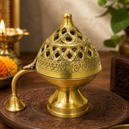 Pure Brass Dhoop Dani Mirror Shinny Polish Burner Round Dhooni Dhoop Dani Incense Elegant and Traditional Pooja Ware for Home and Temple Decoration