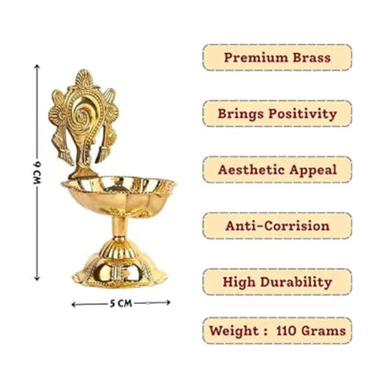 Traditional Brass Shankh Chakra Diya, South Indian Deepak Oil Lamp, Decorative Temple Puja Lamp, Gold Finish