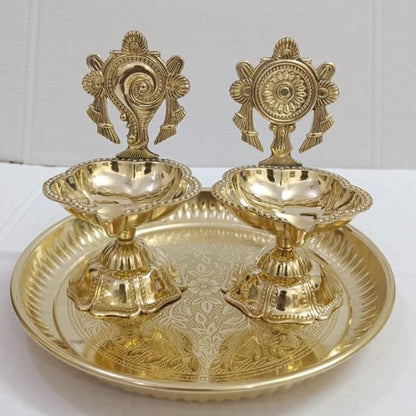 Traditional Brass Shankh Chakra Diya, South Indian Deepak Oil Lamp, Decorative Temple Puja Lamp, Gold Finish