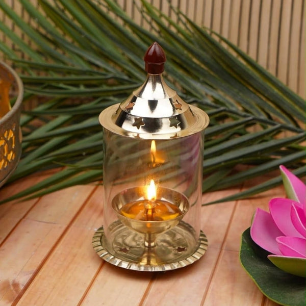 Diya Borosilicate Glass | Brass Table Diya| Oil Lamp| Glass Cover Lantern Diya for Puja