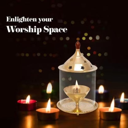 Diya Borosilicate Glass | Brass Table Diya| Oil Lamp| Glass Cover Lantern Diya for Puja