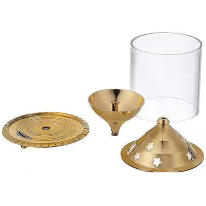 Diya Borosilicate Glass | Brass Table Diya| Oil Lamp| Glass Cover Lantern Diya for Puja