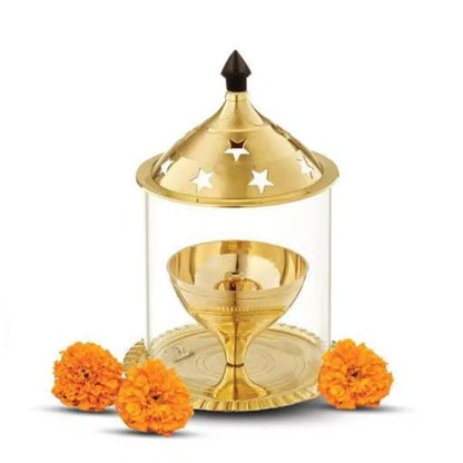 Diya Borosilicate Glass | Brass Table Diya| Oil Lamp| Glass Cover Lantern Diya for Puja