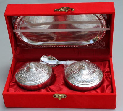 German Silver Plated Bowl Set l Pack of 5 l Return Gift, Diwali Gift with Beautiful Red Velvet Box