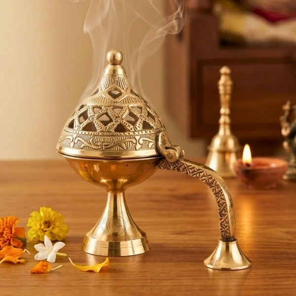 Pure Brass Dhoop Dani Mirror Shinny Polish Burner Round Dhooni Dhoop Dani Incense Elegant and Traditional Pooja Ware for Home and Temple Decoration