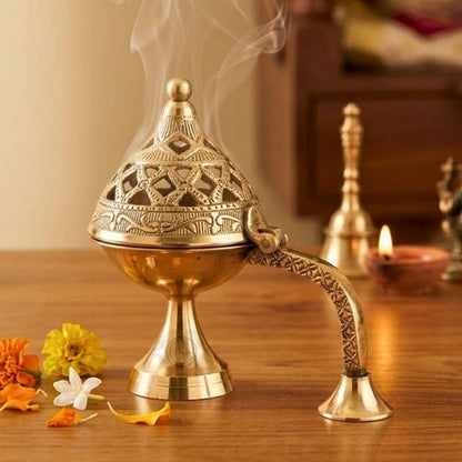 Pure Brass Dhoop Dani Mirror Shinny Polish Burner Round Dhooni Dhoop Dani Incense Elegant and Traditional Pooja Ware for Home and Temple Decoration
